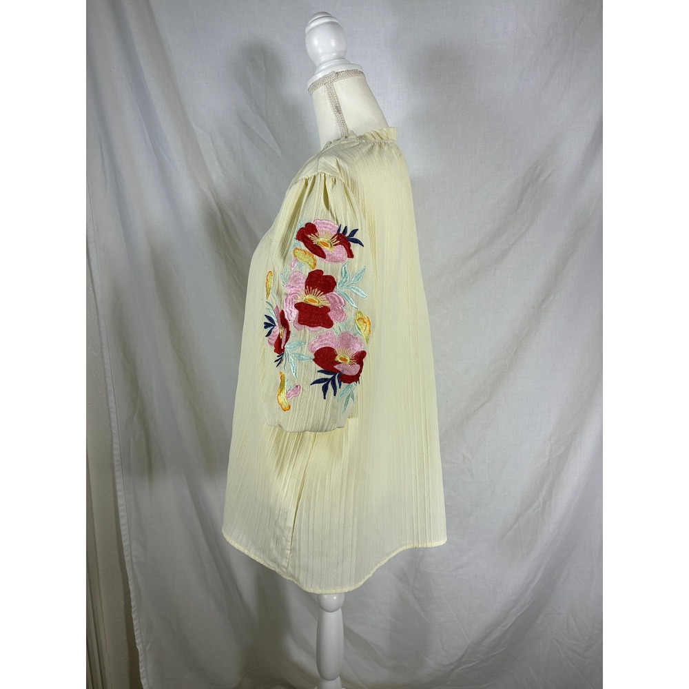 Floral Embroidered Puff Sleeve Ruffle Neck Blouse Yellow 2XL Made in USA